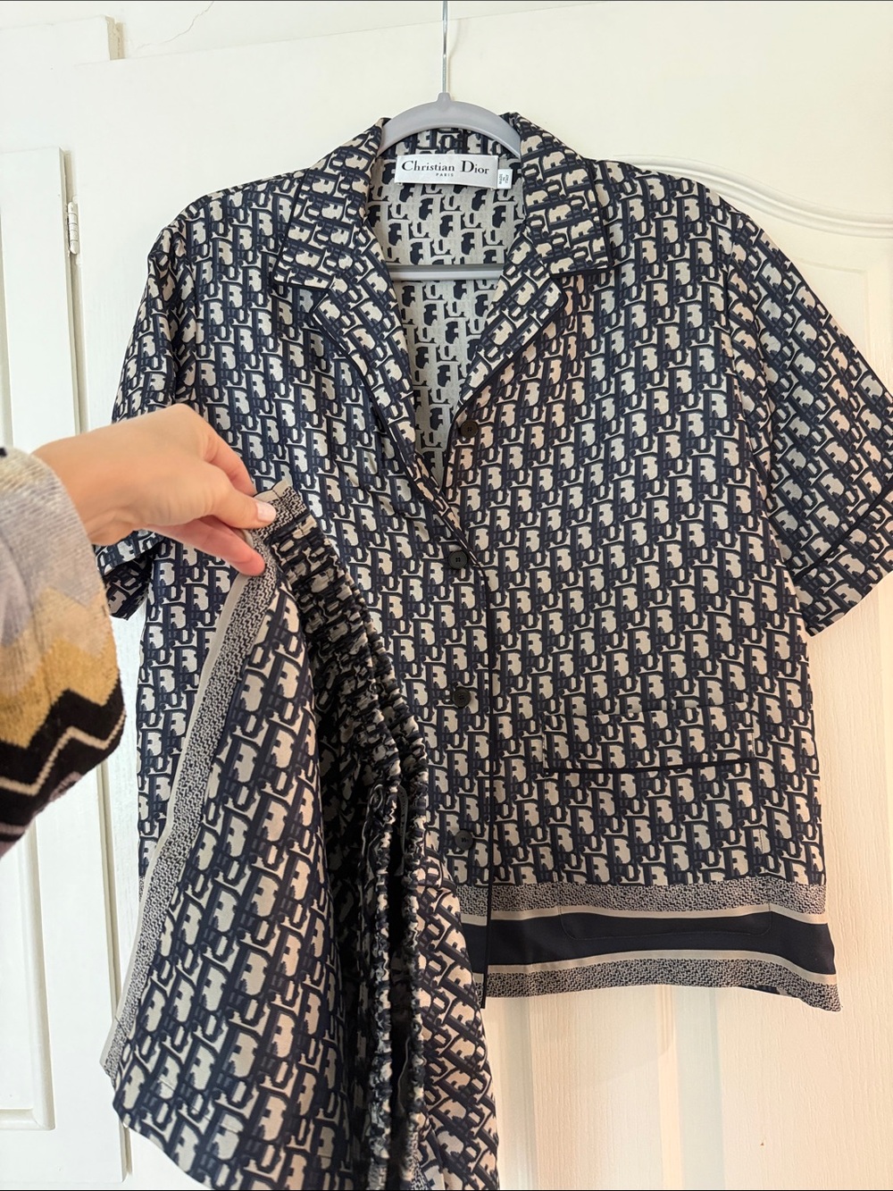 Authentic Dior Women's Navy and Grey Monogram Short Sleeve Shirt and Short Set